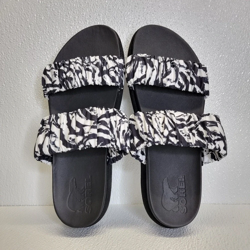 Sorel Women's Roaming Two Strap Slide Sandals Black White Size 9.5